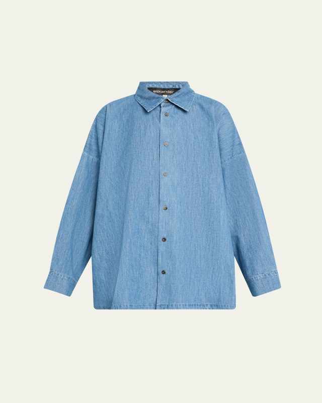 Angled-To-Front Side Seam Denim Shirt With Collar (Long Length)